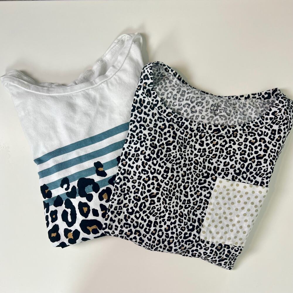 LOFT Bundle of‎ 2 Long Sleeve Leopard Animal Print Cotton T-Shirts Size Small